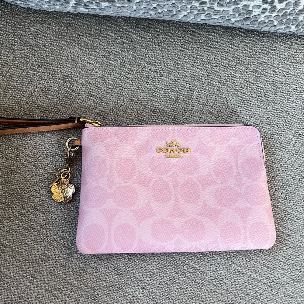Coach Powder Pink Signature Wristlet Pouch with Tea Rose Floral Charm